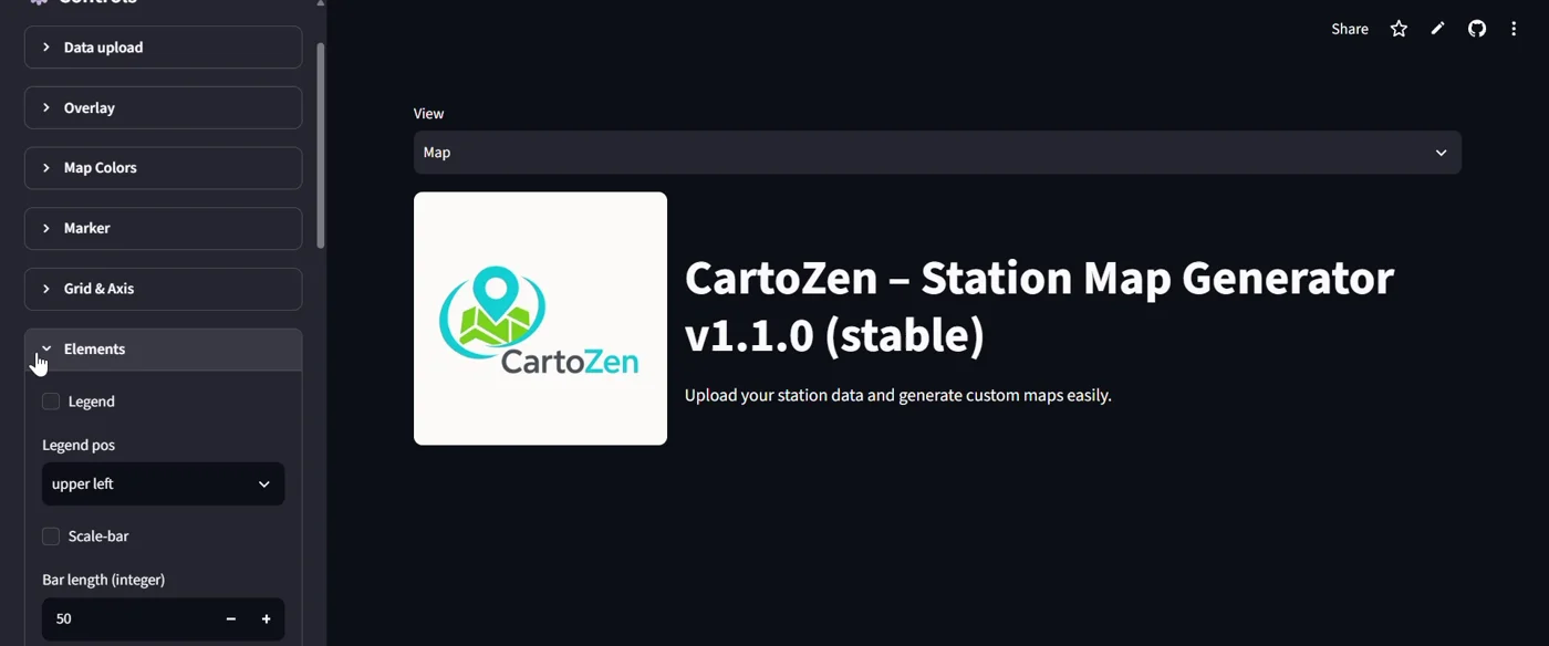 Screenshot of the CartoZen app: a dark sidebar of collapsible control sections (Data upload, Overlay, Map Colors, Marker, Grid and Axis, Elements) beside the CartoZen logo and the title Station Map Generator v1.1.0.